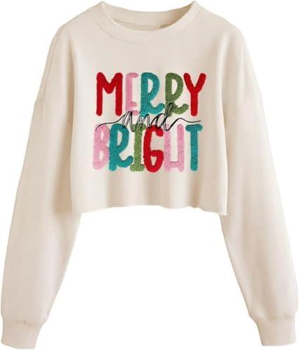Womens Casual Merry Sweatshirts Merry and Bright Christmas Sweatshirt Long Sleeve Crop Graphic Tees Medium