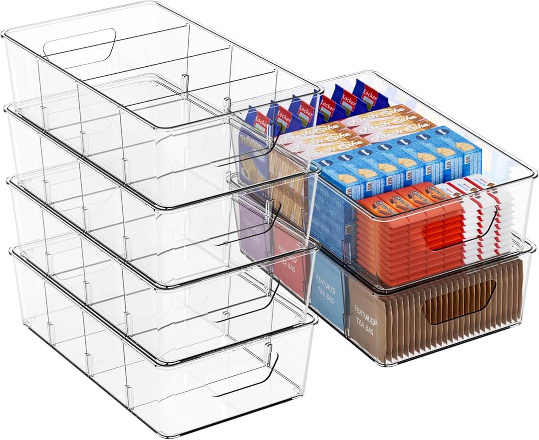 6 Pack Food Storage Organizer Bins, Clear Snack Organizer For Pantry, Kitchen, Fridge, Cabinet Organization and Storage, BPA Free Refrigerator Storage Bin For Breast Milk, Food, Tea Packet, Spices Jar, Tea Bag