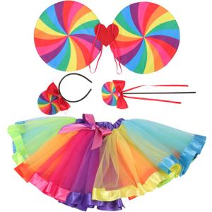 VILLCASE Rainbow Candy Tutu Dress: Layered Rainbow Tutu Skirt - Girls Fairy Wings - Includes Headband Lollipop Wand - Costumes Set for Birthday Parties Festivals Dress-up Girls