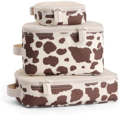 Itzy Ritzy Packing Cubes for Travel Packing Organizers – Each Travel Cube Features a Mesh Top, Double Zippers and a Fabric Handle (Cow Print)