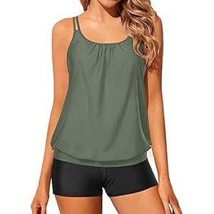 Tempt Me Army Green Women Two Piece Tankini Swimsuits Blouson Modest Swim Top Boyshort Bathing Suits L