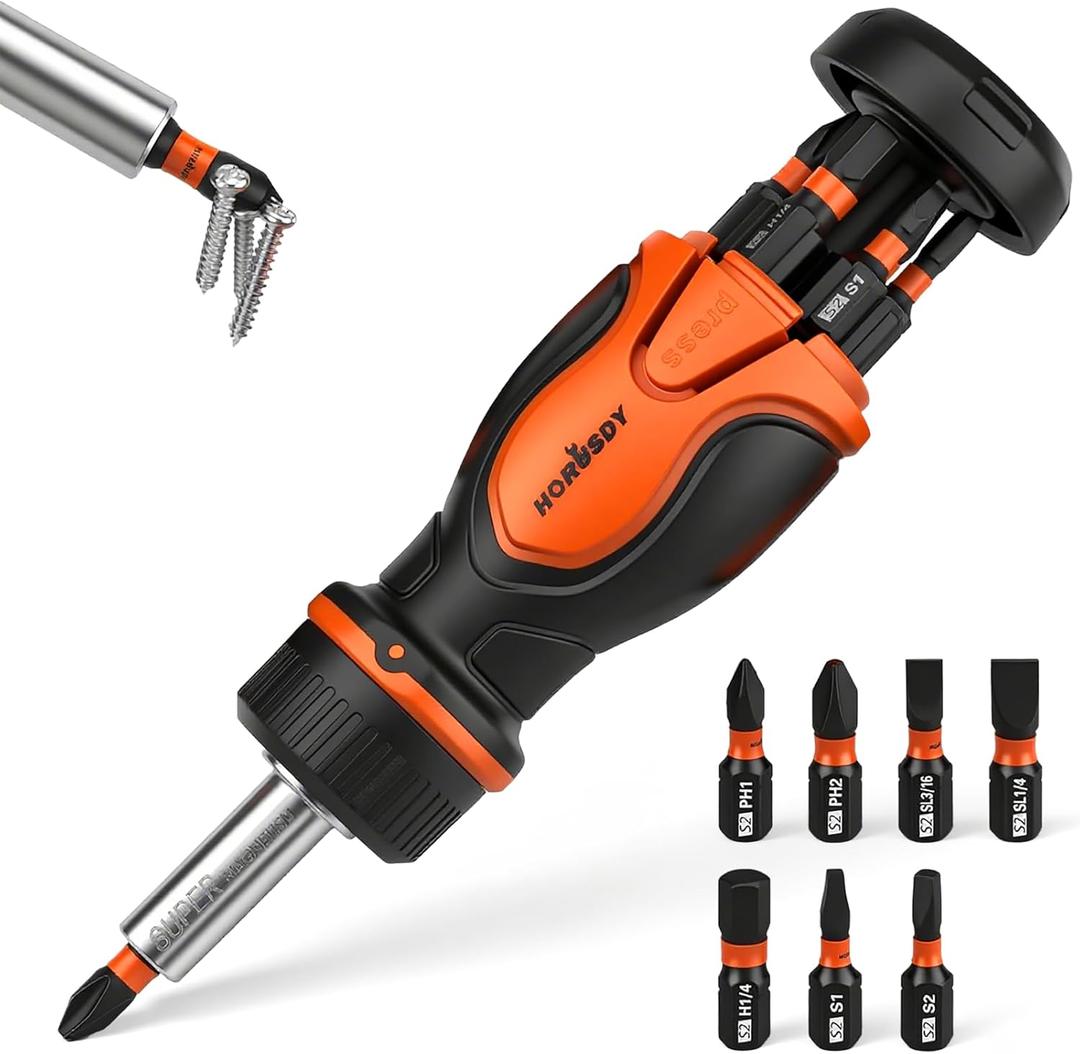 HORUSDY Magnetic Portable Screwdriver Bit Set: 8-in-1 Ratcheting Screw Driver Includes 1/4Bit Driver Holder, 7 Screwdriver Bits with Phillips, Slotted, Square, Hex, for Garage & Daily Repair
