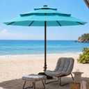 10ft Patio Umbrella, 3-Tier Vented Outdoor Table Umbrella with 8 Sturdy Fiberglass Ribs, Windproof Market Umbrella with Push Button Tilt and Crank, UV Protection for Deck, Pool, Sky Blue