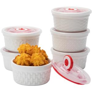 Ramekins with Lids 4 oz White Embossed Creme Brulee Ramekins Ceramic Oven Safe Pudding Cups, Set of 6 Porcelain Custard for Baking Dishwasher