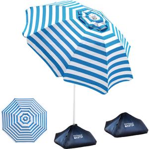 OutdoorMaster Beach Umbrellas for Sand with Sandbag & Anchor, 6.5ft Adjustable Umbrella for Beach Heavy Duty Wind, Portable UPF50+ Sunshade with Carry Bag for Patio, Blue Striped