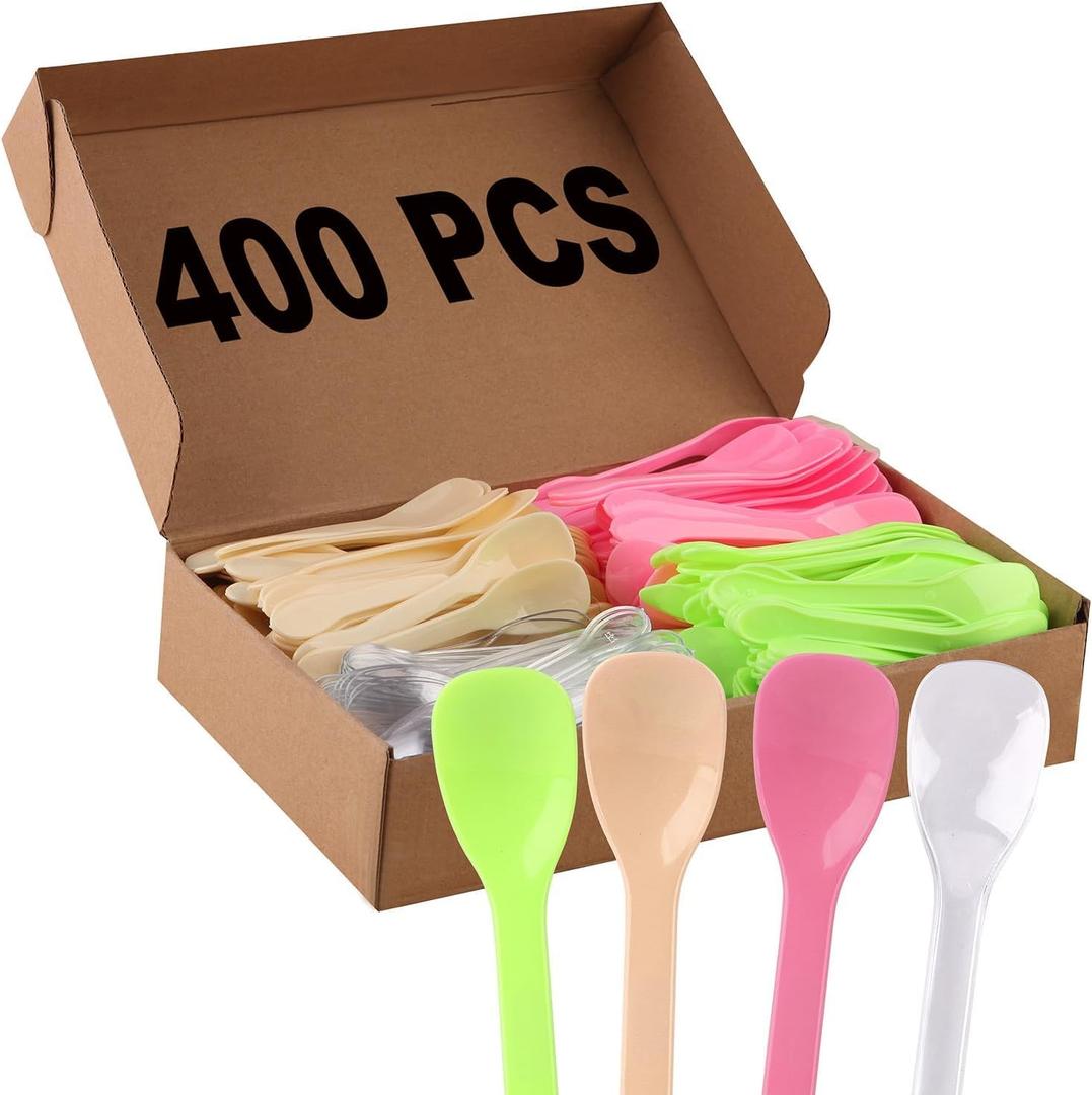 400PCS Disposable Dessert Spoons for Tasting,Plastic Mini Ice Cream Sample Spoons for Miniature Dessert Cups, Sampling, Small Catering Supplies, Tasting Party (colored)