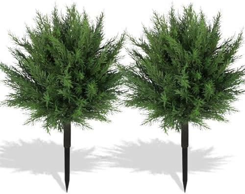 Lcuasc 2pcs Artificial Cypress Topiary Ball,Artificial Cypress Shrub Bushes with Ground Spike,UV Resistant Cedar Topiary Ball Trees for Porch,Artificial Plants for Outdoor Planters (Green)