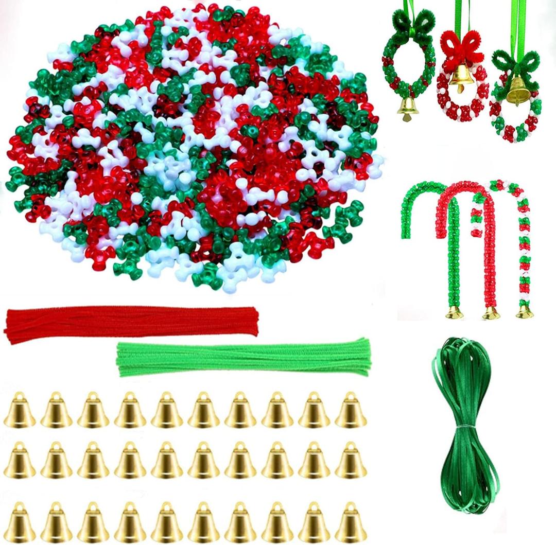 1000Pcs Christmas Tri Beads Plastic Beaded Ornament Kit with 30 Pcs Red and Green Chenille Stems Pipe Cleaners, 30 Pcs Bells and 10m Ribbon for Christmas Tree House Decorations Party DIY Craft Kit