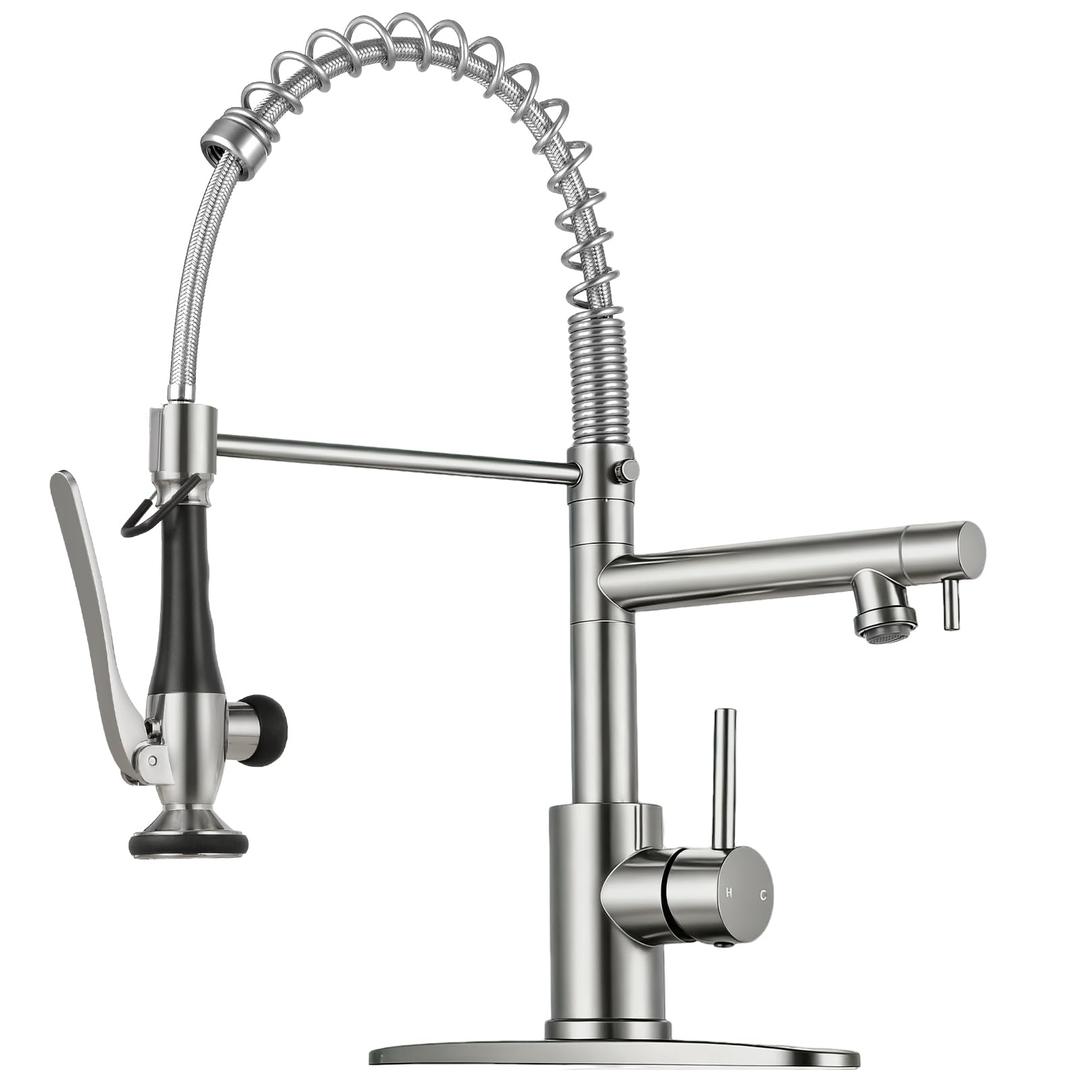 Kitchen Faucet with Pull Down Sprayer - Brushed Nickel Single Handle Commercial Kitchen Faucets, 2-Spout Stainless Steel Spring Pull Out Kitchen Sink Faucet 1/3 Hole with Deck Plate