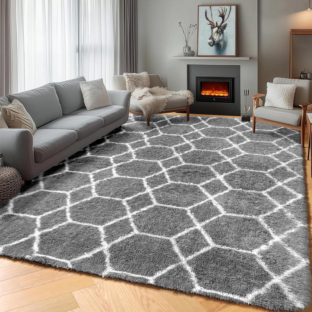ONASAR Area Rugs for Bedroom Living Room, 4x6 Fluffy Grey and White Floor Rug, Shaggy Geometric Soft Plush Fuzzy Carpet for Nursery Teen Playroom Dorm Office Home Decor Aesthetic