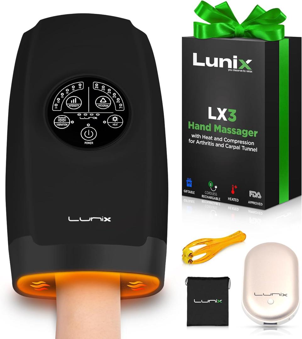 Lunix LX3 Cordless Hand Massager, Shiatsu Massage Machine with Heat and Compression 6 Levels Pressure Point Therapy for Arthritis, Pain Relief, Carpal Tunnel and Finger Numbness