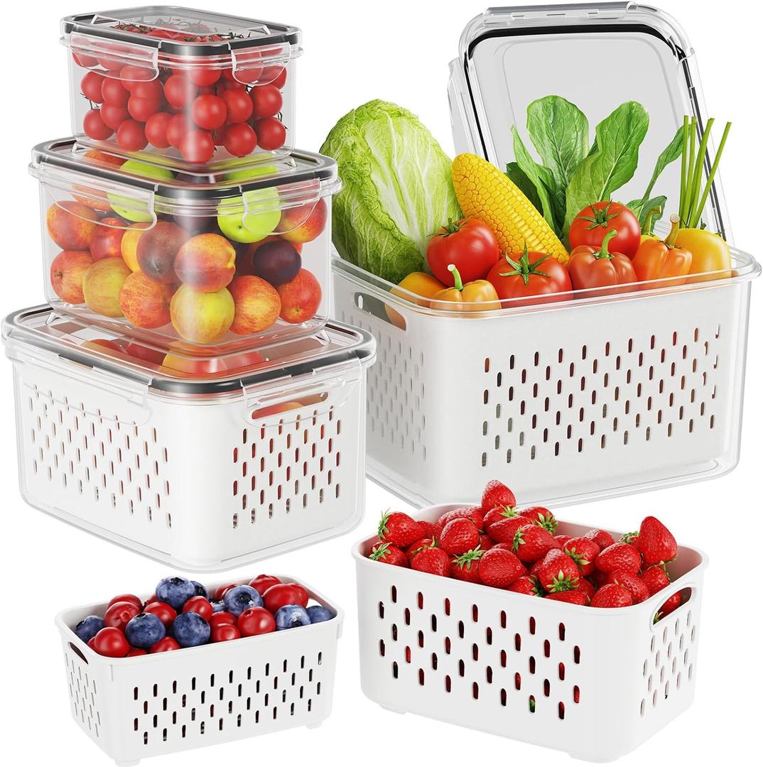 4 Pack Fruit Containers for Fridge with Removable Colanders,Stackable Refrigerator Organizer Bins Dishwasher & Microwave Safe Produce Containers Keep Fruits, Vegetables, Meat Fresh longer