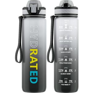 Water Bottle with Straw, 32oz Motivational Water Bottles with Time Marker to Drink, Tritan BPA Free, 1L Sports Water Bottle with Carry Strap LeakProof for Women Gym Fitness Outdoor (1 Pack) (Gray Gradient)