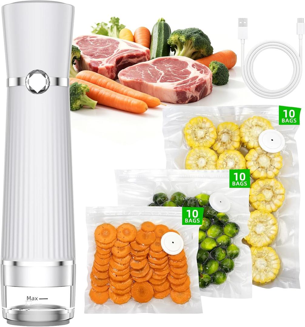 Vacuum Sealer for Food, Handheld Saver Compact Vacuum Sealer Machine with 30 Reusable Bags for 10X Preservation & Fresh (White)