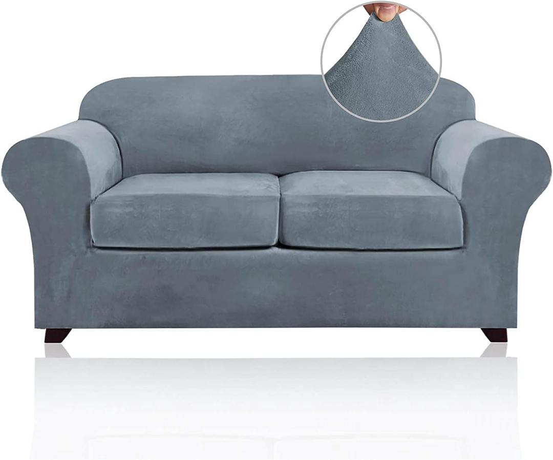 PrinceDeco Velvet Couch Cover Loveseat Covers for 2 Cushion Couch 3 Piece Sofa Covers for Dogs Washable Loveseat Covers Width Up to 72 Inch No Slip Stretch Sofa Slipcover(Medium, Stone Blue)