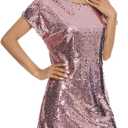 FEMI SEMI Women's Crewneck Sequin Shift Dress Short Sleeve Casual Holiday Sparkly Party Dress (Pink, L)