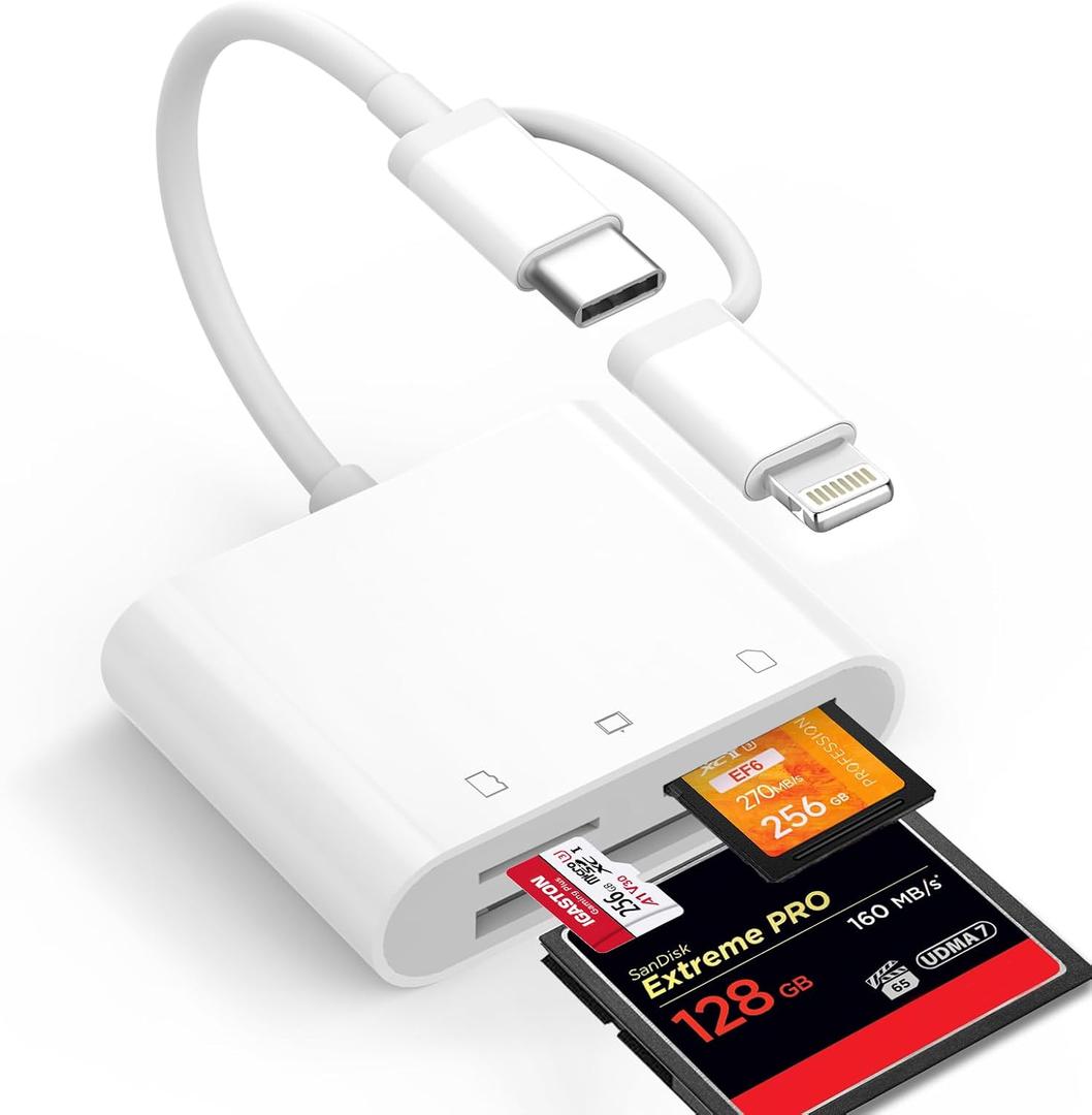CF SD Card Reader for iPhone iPad Mac Dual Connector (Lightning & USB C), Digital Camera Memory Card Adapter to iPhone with Compact Flash/SD/MicroSD 3 Slot, Plug&Play for Android Phone Laptop