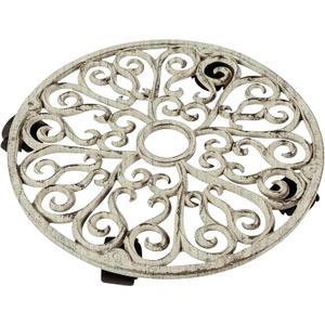 Comfy Hour 12" Cast Iron Plant Caddy with Wheels, Heavy Duty Rolling Flower Pot Stand, Decorative Victorian Style Plant Dolly for Indoor Outdoor Home, Antique White Finish, 1 Unit