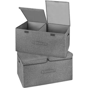 2 Pack Large Storage Boxes with Lids and Handles, Collapsible Linen Storage Bins Organizer Containers Baskets Cube with Removable Divider for Home Bedroom Closet Office (Grey, Large)