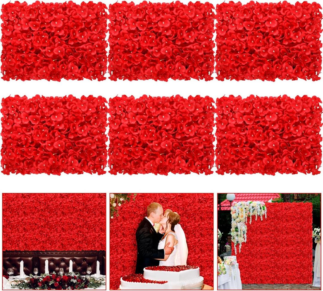 Tigeen 6 Pcs Flower Wall Panels 3D Silk Rose Floral Decorative Faux Flower Wall Background for Wedding Home Decoration Background Shop Party Photo Arrangement(Red,24 x 16 Inch)
