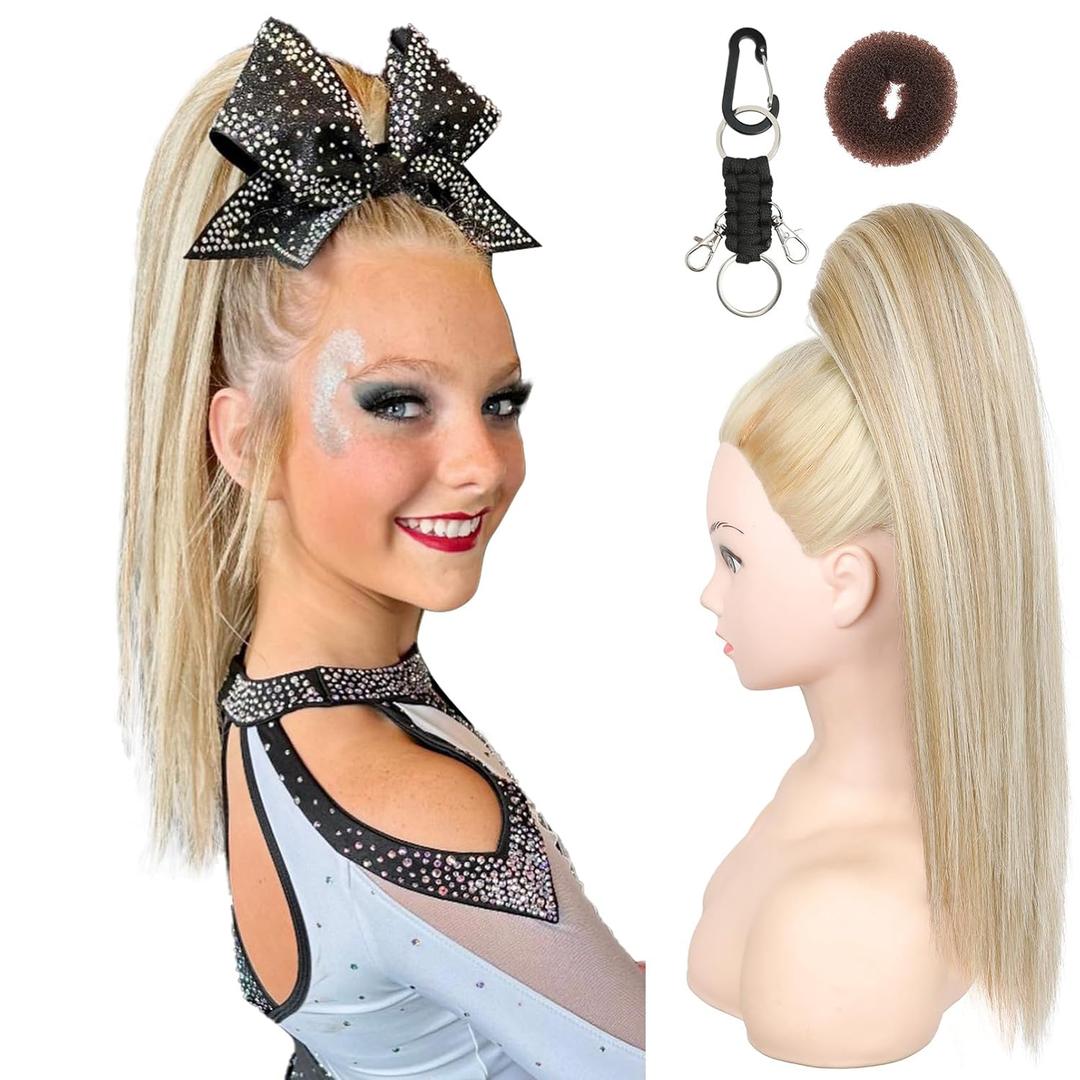 SEIKEA Cheer Ponytail Hair Piece, 16" Straight Cheerleader Hairpiece Ponytail Extension for Cheerleader Competition, Dance Ash Blonde with Light Blonde Highlights