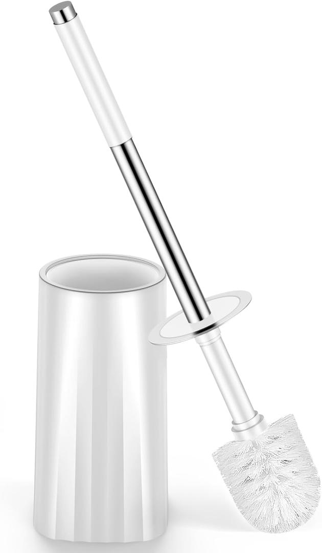 Toilet Brush and Holder Set, Compact Toilet Bowl Brush with Stainless Steel Handle, Hard Bristles, Drip-Proof, Easy to Assemble, Deep Cleaning White