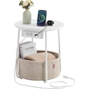 VASAGLE Side Table with Charging Station, Round End Table with Fabric Basket, Nightstand with Power Outlets, USB Ports, for Living Room, Bedroom, Modern, Matte White and Camel Brown ULET228W01