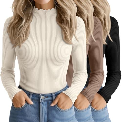 Oakgarden 3 Pack Women's Cotton Long Sleeve Mock Turtleneck Tops Ribbed Lettuce Trim Slim Fit Shirts Thermal Base Layer(Black, Khaki, Cream,Medium)
