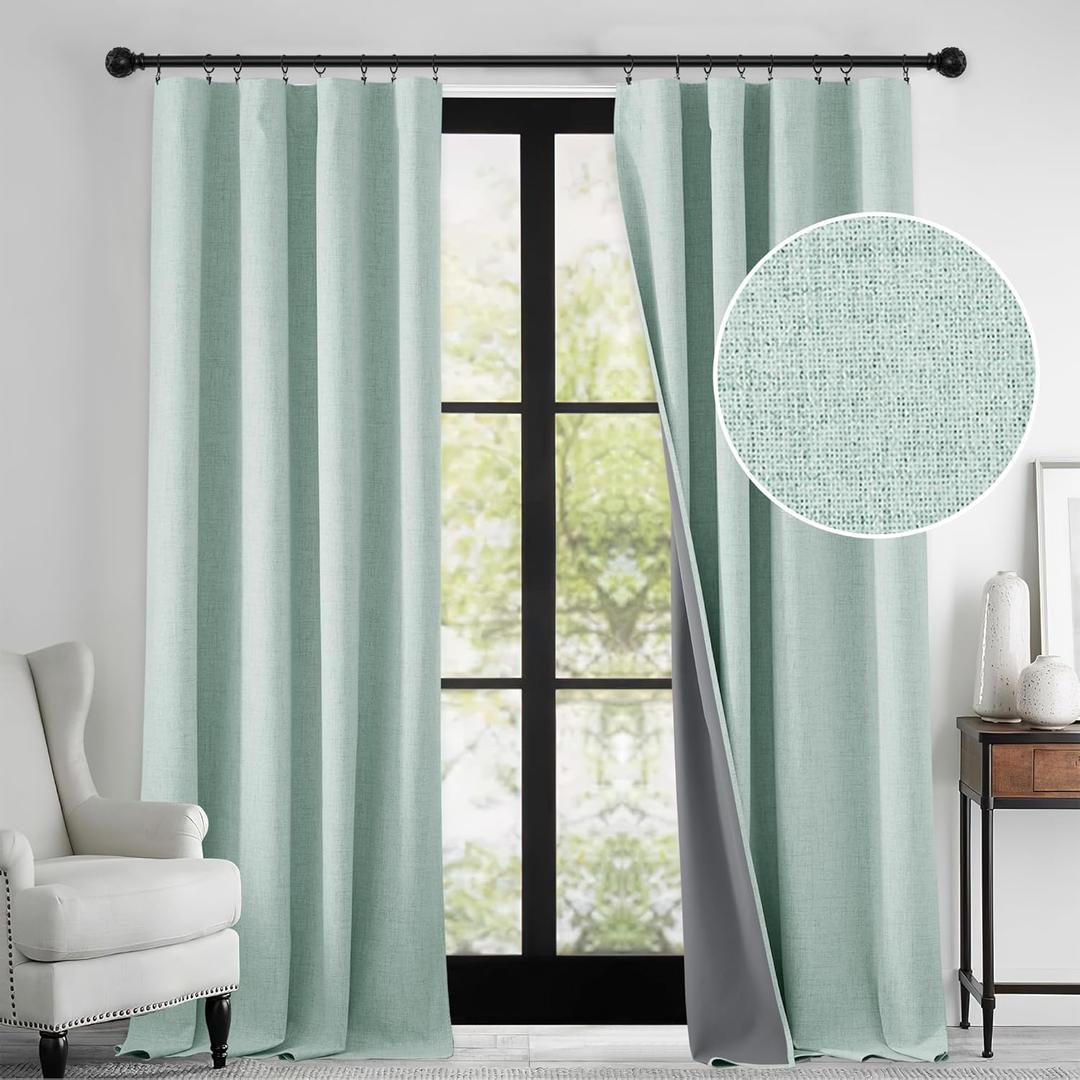 RYB HOME 100% Blackout Linen Textured Curtains 96 inches Long, Thermal Insulating Privacy Energy Saving for Bedroom Living Room Window Office Theater Baby Nursery, W 52 x L 96 in, Aqua, 2 Panels