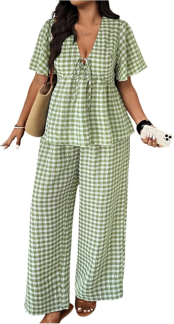 SOLY HUX Women's  2 Piece Outfit Plaid V Neck Shirt and Wide Leg Pants Vacation Set XL Plus