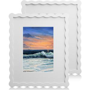 8X10 Wavy Picture Frame With Mat For 5x7, Wavy Edge Wooden Picture Frame with Real Glass - Wall Mount and Tabletop Display, White, 2 Pack