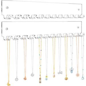 Acrylic Necklace Holder 2 Pack Wall Mounted Necklace Organizer Hanging Jewelry Organizer with 12 Hooks for Necklaces, Bracelets, Rings and Bangles Display