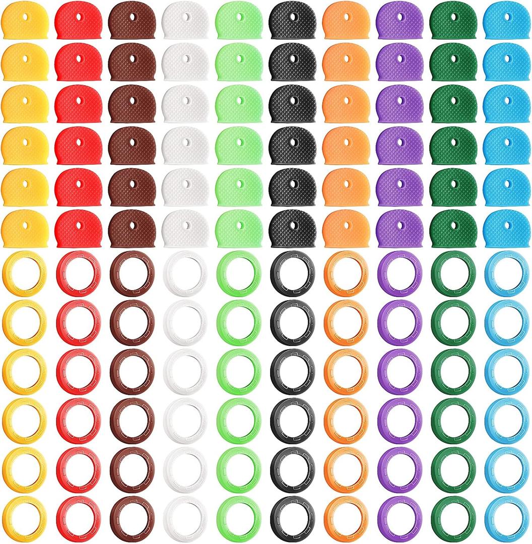 Jetec 120 Pieces Key Caps Tags Set Plastic Identifier Coding Rings 10 Assorted Colors 2 Styles Key Cap Toppers for House Organization