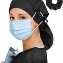 Large Satin Lined Scrub Cap for Women Long Hair Nurse Head Cap Surgical Bonnet 4 Buttons (Black)