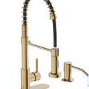 Kitchen Faucet, Brushed Gold Kitchen Faucet with Soap Dispenser and Deck Plate, Faucet for Camper Farmhouse RV Kitchen Sink, Single Handle Stainless Steel Kitchen Sink Faucets with Pull Down Sprayer