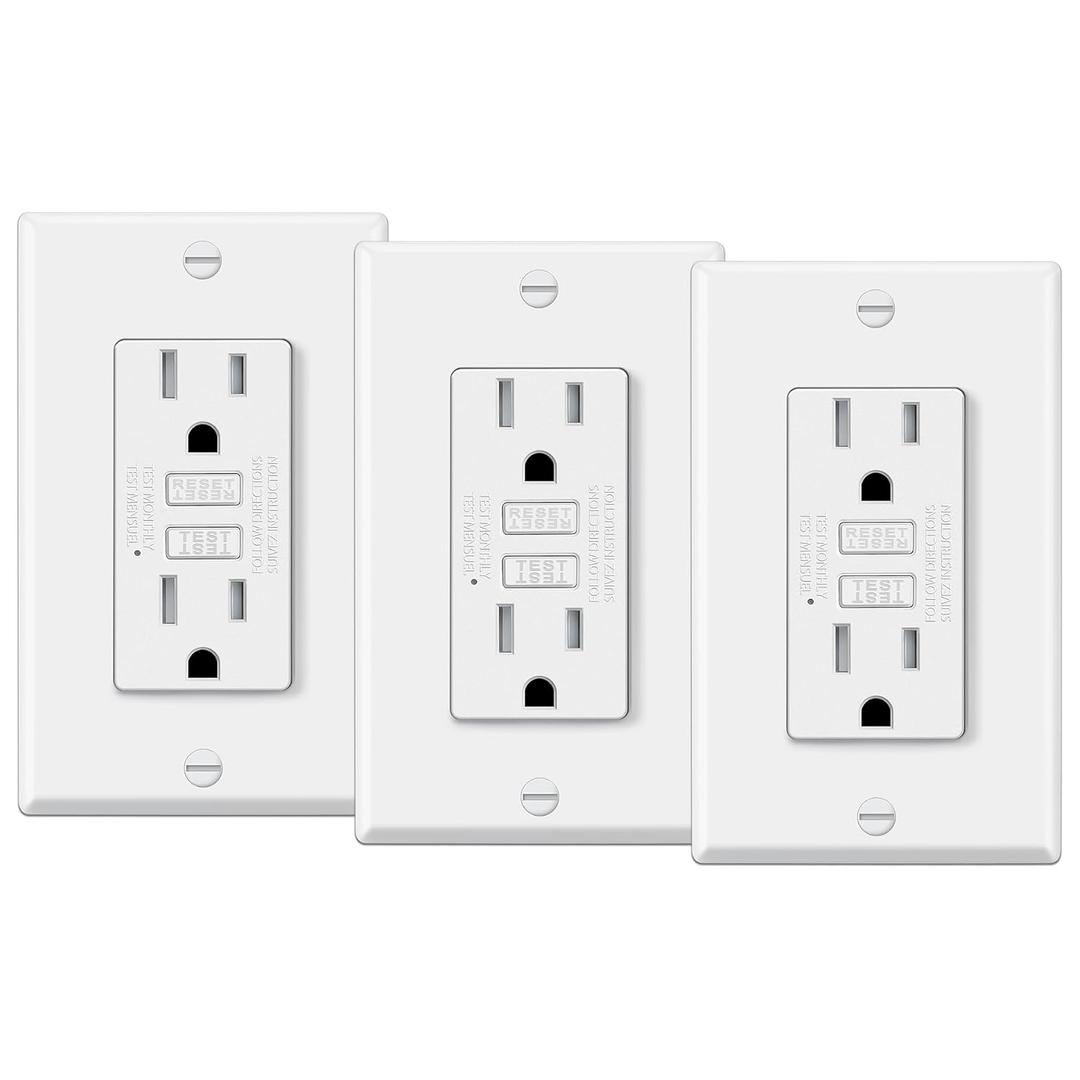 3 Pack GFCI Outlets 15 Amp, Tamper Resistant (TR), Ultra Slim GFI Receptacles with LED Indicator, Ground Fault Circuit Interrupter, Decor Wallplate Included, ETL Listed, White