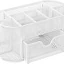 EasyPAG Mesh Pen Holder Desk Organizer with Drawer Stationery Supplies Organizer for Dorm School 9 Compartments Workspace Desk Accessories Organization for Office, White