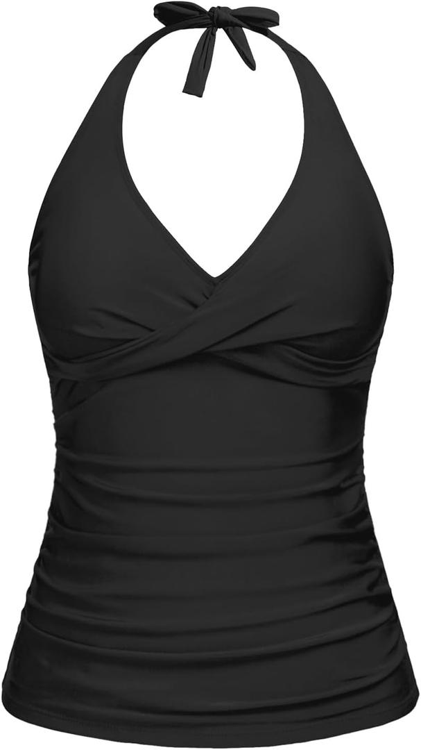 Tempt Me Womens Tankini Top Halter Tummy Control Swim Tops Only Twist Front V Neck Bathing Suit No Bottom (XX-Large, Black)