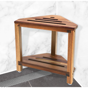 IBosins Corner Shower Stool with Storage Shelf Shower Foot Rest for Shaving Legs Small Bench for Inside Shower to Sit on Bath Seat  Acacia Wood