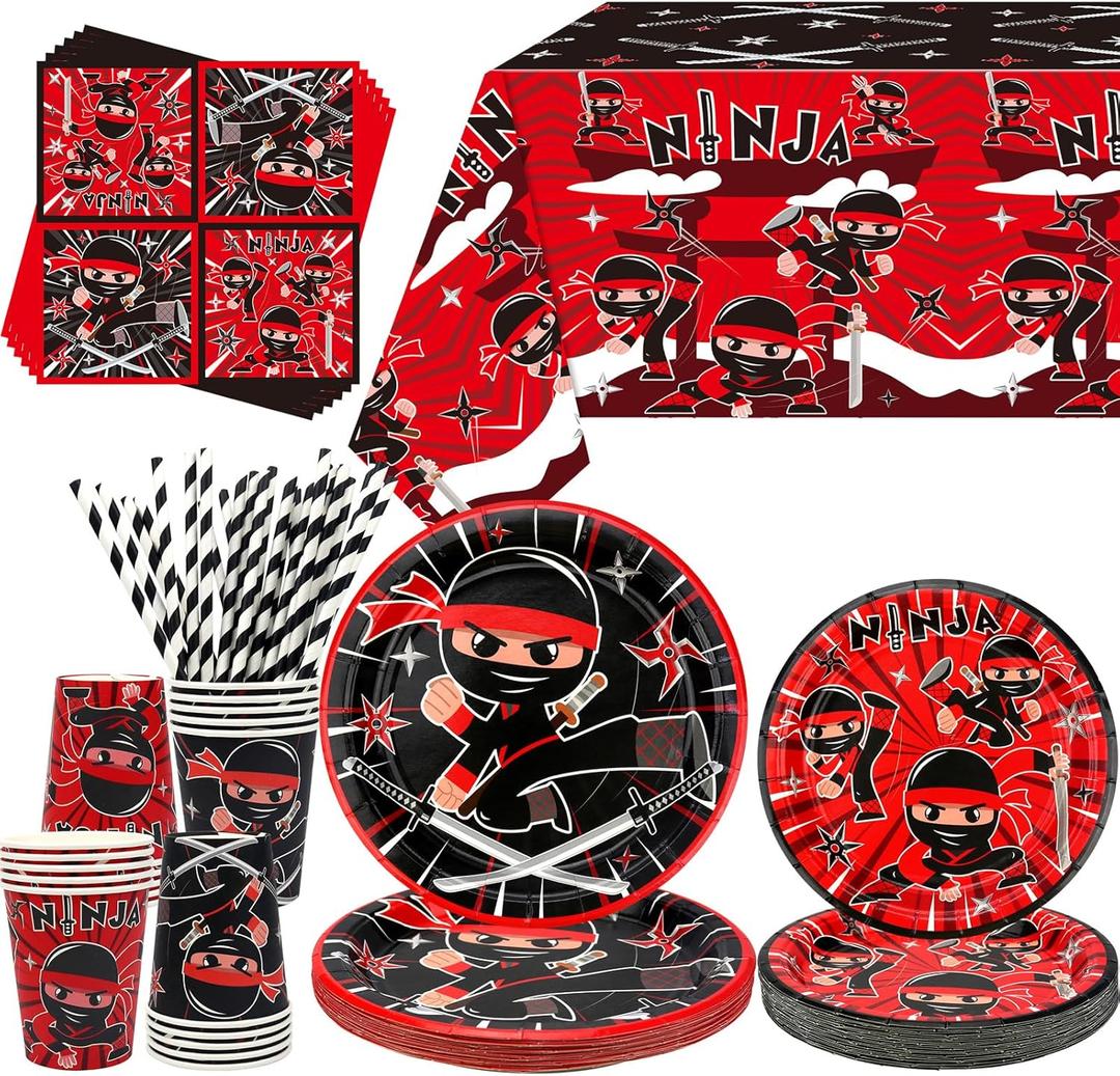 Ninja Birthday Party Decoration - Ninja Warrior Party Supplies Include Plates, Tablecloth, Napkins, Tableware, Karate Party Ninja Master Party Supplies for Boys Girls Baby Shower, Serves 20