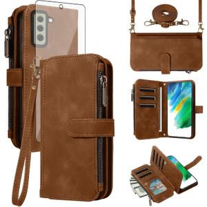 Asuwish Phone Case for Samsung Galaxy S21 FE 5G Zipper Wallet Cell Cover with Tempered Glass Screen Protector Crossbody Strap Flip Credit Card Holder S 21 EF S21FE5G UW S21FE 21S G5 6.4 inch Men Brown