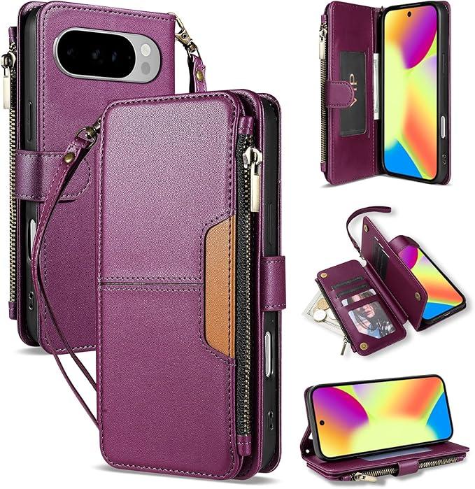 Neiye for Google Pixel 10/10 Pro Wallet Case with Card Holder Fashion PU Leather Magnetic Snap Flip Zipper Strap Protective Phone Case for Google Pixel 10/10 Pro Case Wallet(6.3 inch-Purple)