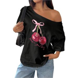 RoseSeek Women's Off The Shoulder Tops Floral Graphic Oversized Tshirts Shirts Y2k Summer Tops Trendy (Black, S)