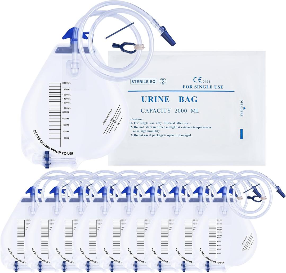 Urinary Drainage Bags 2000ML, Catheter Bags with Unique Anti-Reflux Drip Chamber, Thickened Drainage Tube, Adjustable Clips & Hanging Hook for Home and Hospital Use, 10 Packs