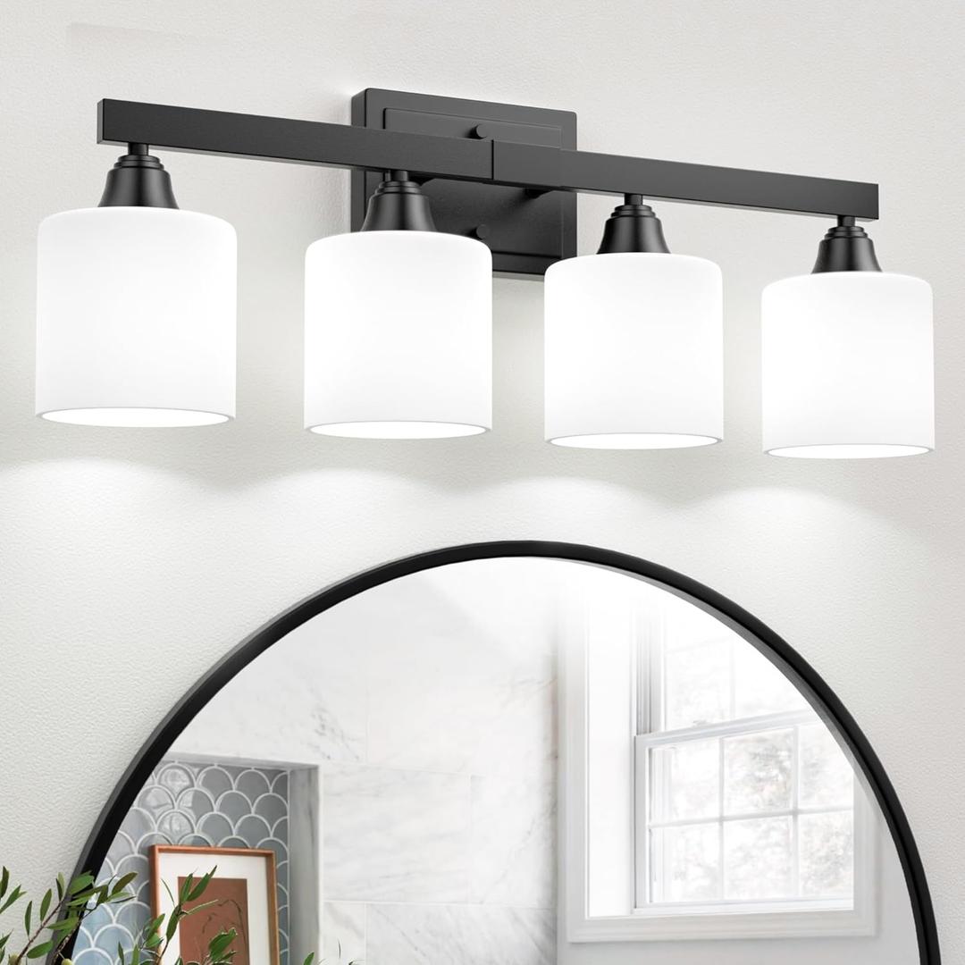 VOLISUN Matte Black Bathroom Light Fixtures, 4-Light Bathroom Vanity Lights Over Mirror, Modern Vanity Light for Bathrooms, Bathrooms Lights Fixtures Over Mirror with Milky White Frosted Glass Shades