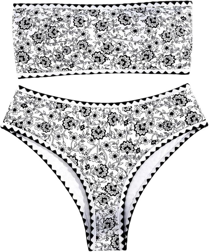 WDIRARA Women's Floral Print Strapless Lace Up Bikini Swimsuit 2 Piece Bathing Suit Brown Small