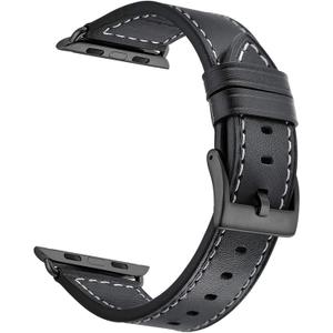 Compatible with Apple Watch Series 11 10 46mm Strap Genuine Leather Replacement Watchband with Gun Metal Hardware for Apple Watch Series 9 8 7 45mm 6 SE 5 4 44mm 3 2 1 42mm, Black
