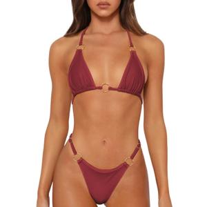 Sexy Bikinis for Women 2 Piece Bikini Spaghetti Strap Swimsuits Solid Color Bathing Swimwear Triangle Bathing Suit (Small, Wine Red)