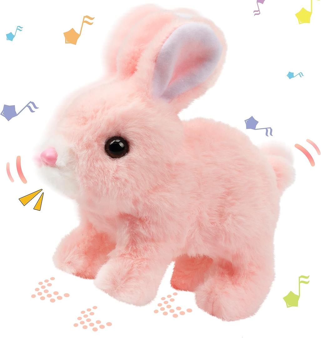 Hopearl Hopping Rabbit Interactive Electronic Pet Plush Bunny Toy with Sounds and Movements Animated Walking Wiggle Ears Twitch Nose Gift for Toddlers Birthday, Pink, 7''
