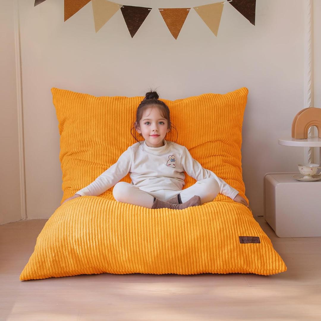 MAXYOYO 3 in 1 Kids Bean Bag Chair Bed, Convertible Chair Folds from Bean Bag to Lounger, Child Floor Sofa for Gaming, Reading, Floor Mattress with High-Density Foam Filling (Orange)